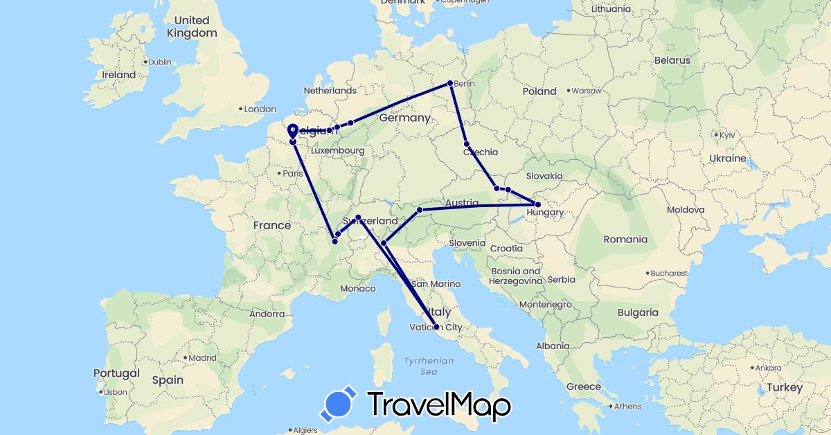 TravelMap itinerary: driving in Austria, Belgium, Switzerland, Czech Republic, Germany, France, Hungary, Italy, Slovakia (Europe)